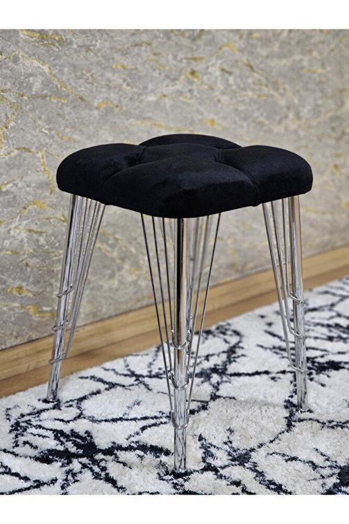 Kare Krom Kaplama Telli Ayaklı Tabure - Oturak - Bar Taburesi - Ayaklı Tabure Siyah Renk 48 x 33 Boyut/Ebat