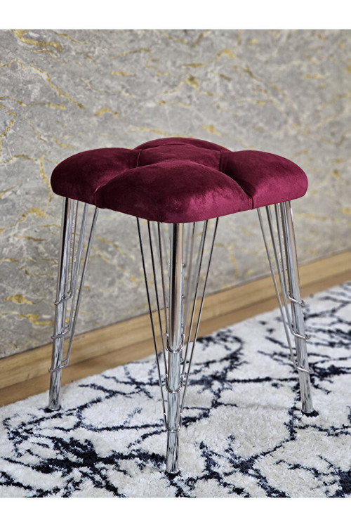 Kare Krom Kaplama Telli Ayaklı Tabure - Oturak - Bar Taburesi - Ayaklı Tabure Bordo Renk 48 x 33 Boyut/Ebat