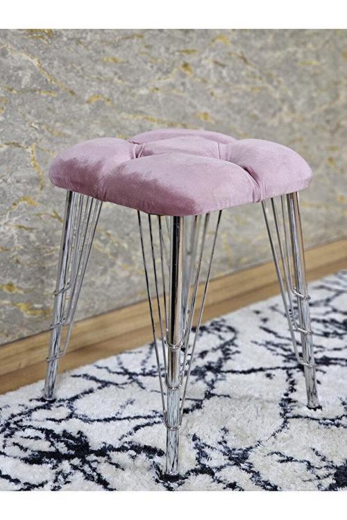 Kare Krom Kaplama Telli Ayaklı Tabure - Oturak - Bar Taburesi - Ayaklı Tabure Pembe Renk 48 x 33 Boyut/Ebat