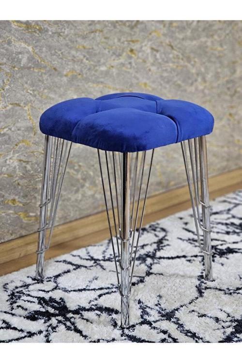 Kare Krom Kaplama Telli Ayaklı Tabure - Oturak - Bar Taburesi - Ayaklı Tabure Mavi Renk 48 x 33 Boyut/Ebat