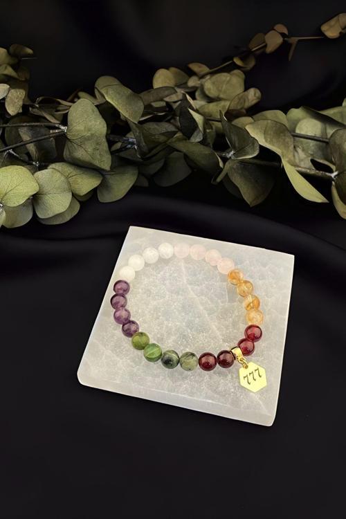 777 Sayı Sekanslı Ametist, Ay Taşı, Lal, Pembe Kuvars, Sitrin, Kanada Yeşim Taşı Bileklik