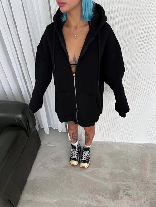 MDB Oversize Tam Fermuarlı Uzun Kol Hırka iyah