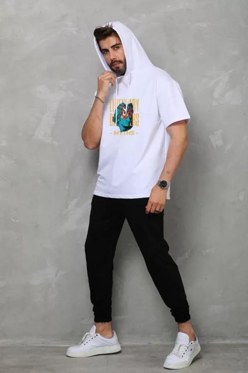 MDB Unisex Kapşonlu Kolsuz Oversize Baskılı Tişört  Beyaz