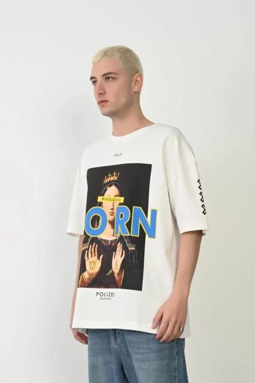 MDB Unisex Baskılı Bisiklet Yaka Oversize Thirt  Beyaz