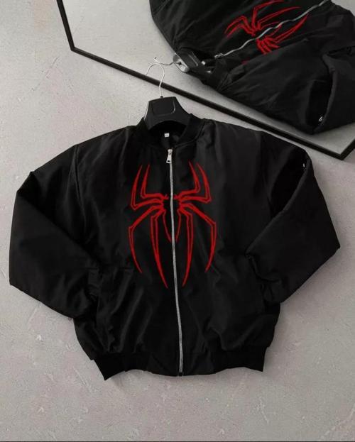 MDB Unisex Uzun Kol Örümcek Baskılı Bomber Ceket  iyah