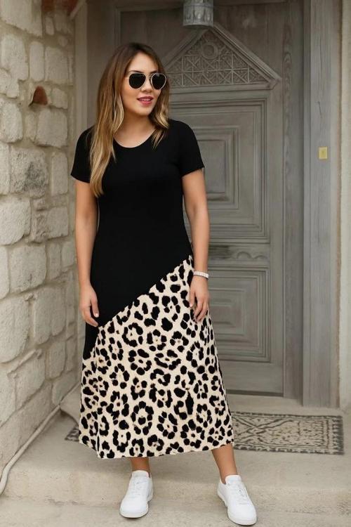 MDB Kadın Kısa Kollu Bisiklet Yaka Leopar Detaylı Midi üst Viskon Alt Süprem Elbise