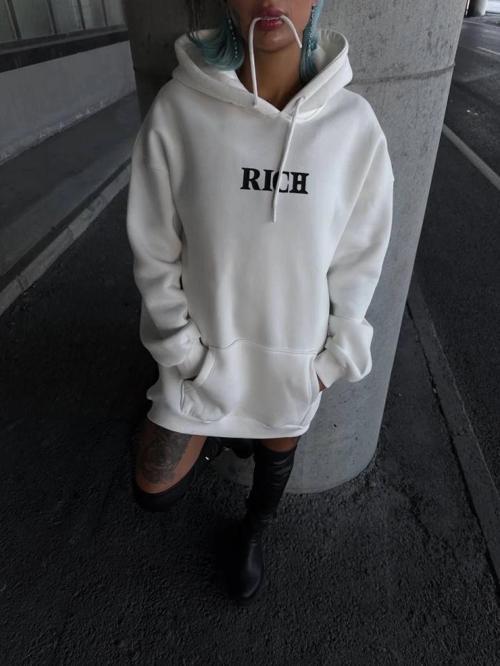 MDB Uzun Kol Kapşonlu Göğüs Baskılı weathirt  Beyaz