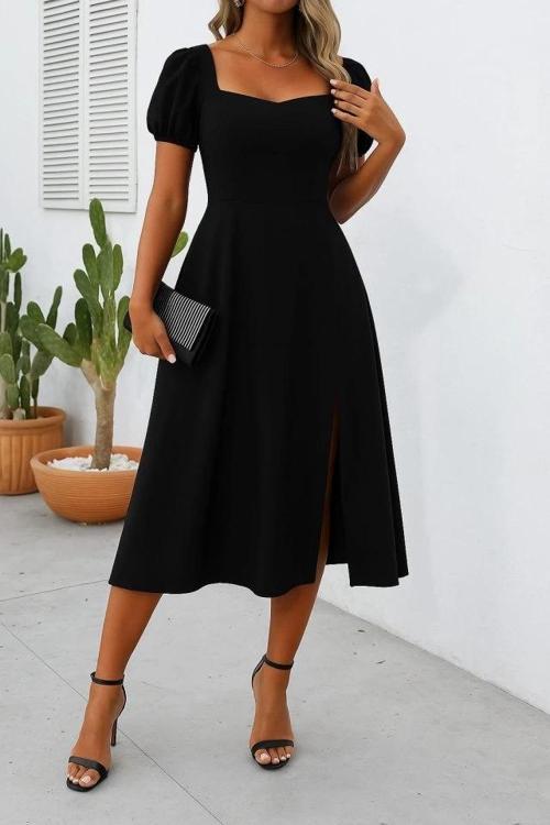 MDB Kadın Kısa Kollu Kare Yakalı Yırtmaçlı Midi Janjan Krep Elbise