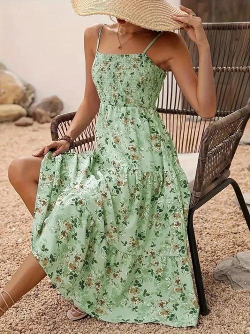 MDB Kadın Ip Askılı Geniş V Yakalı Desenli Uzun Süprem Elbise