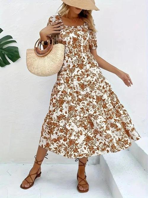 MDB Kadın Kısa Kollu Kare Yakalı Lastikli Desenli Süprem Elbise