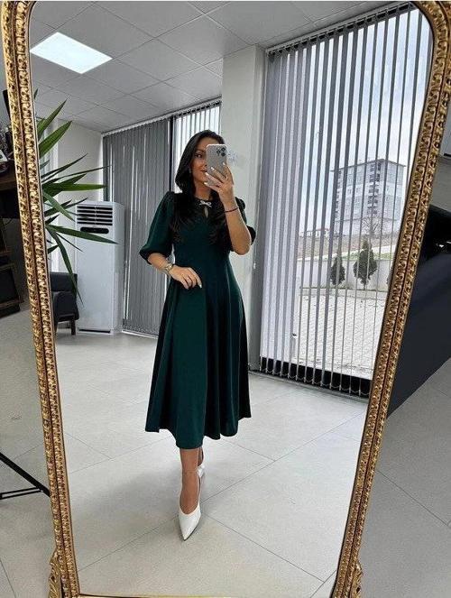 MDB Kadın Kısa Kollu Bisiklet Yaka Fiyonk Broşlu Midi Janjan Krep Elbise