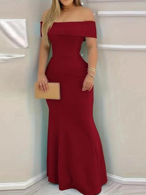 MDB Kadın Kısa Kollu Madonna Yaka Belden Oturtmalı Uzun Ithal Krep Elbise