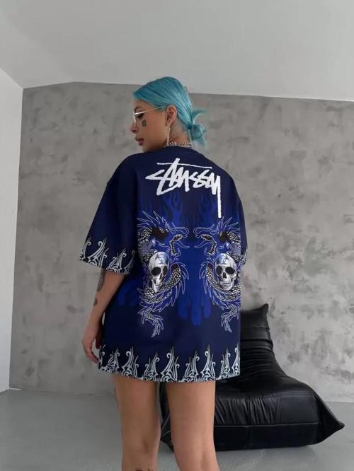 MDB Unisex Bisiklet Yaka Baskılı Oversize Thirt  acivert