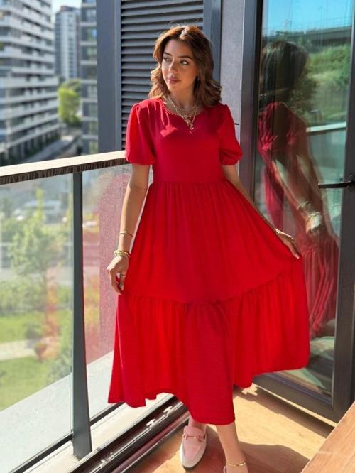 MDB Kadın Kısa Kollu Yakası Açık Katlı Bürümcük Balon Elbise