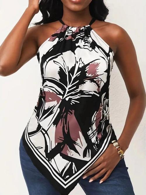 MDB Kadın üçgen Kesim Boyundan Bağlamalı çiçek Desen Süprem Bluz