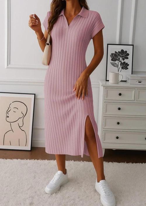 MDB Kadın Kısa Kollu Yakalı Yandan Yırtmaçlı Kalın Fitilli Kaşkorse Elbise