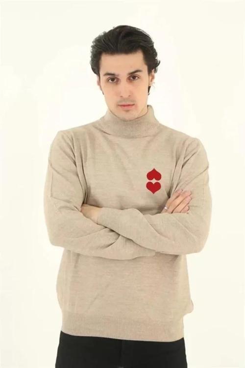 MDB Unisex Yarım Boğazlı Baskılı Dokuma Triko  Bej