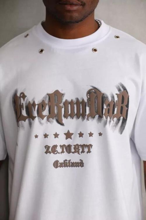 MDB Unisex Kuşgözü Detaylı Baskılı Oversize Thirt  Beyaz