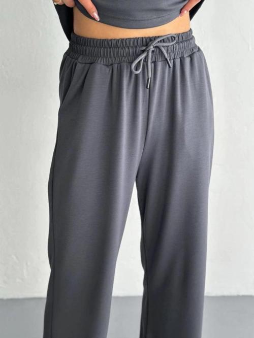 MDB Osy odal Yumuşak Dokulu Kumaş Kısa Kollu Yakalı Tshirt Pantalon Ikili Takım Antrasit