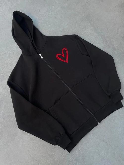 MDB Üç İplik Baskılı Fermuarlı Kapşonlu Hırka  iyah