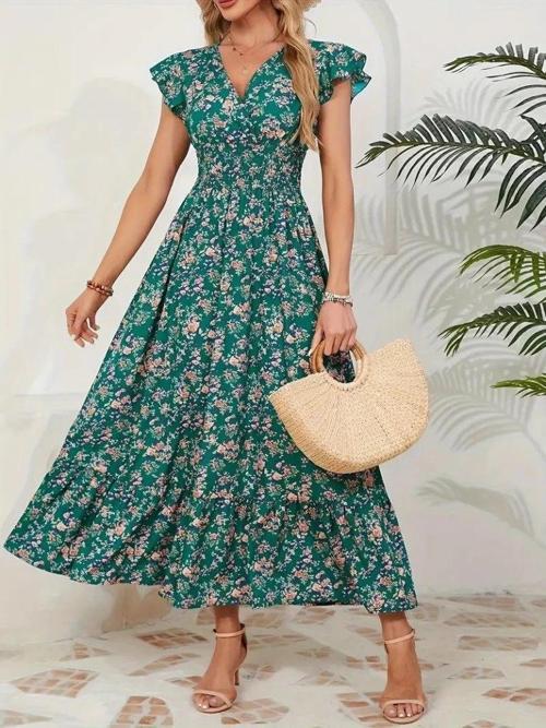 MDB Kadın Kısa Kollu Kruvaze Yaka Beli Lastikli çiçek Desenli Elbise