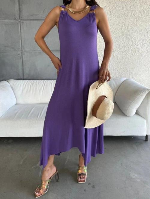 MDB Kadın çan Dokuma Kumaş V Yaka Asimetrik Kesim Elbise