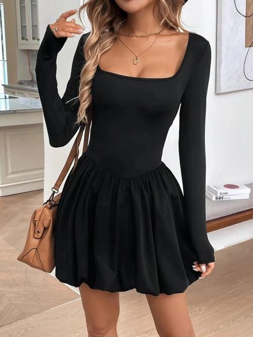 MDB Kadın Uzun Kollu Kare Yaka Mini Balon Modal Elbise