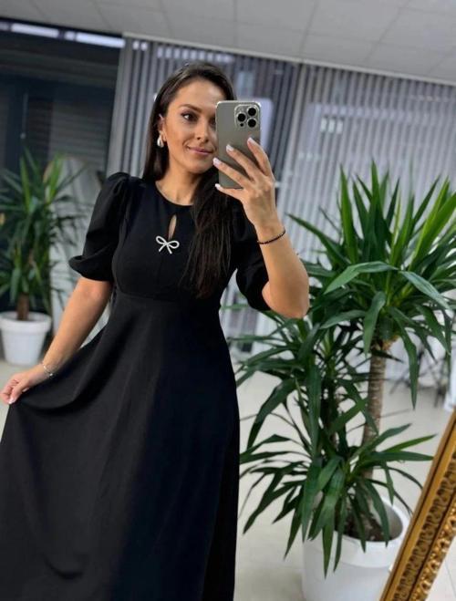 MDB Kadın Kısa Kollu Bisiklet Yaka Fiyonk Broşlu Midi Janjan Krep Elbise