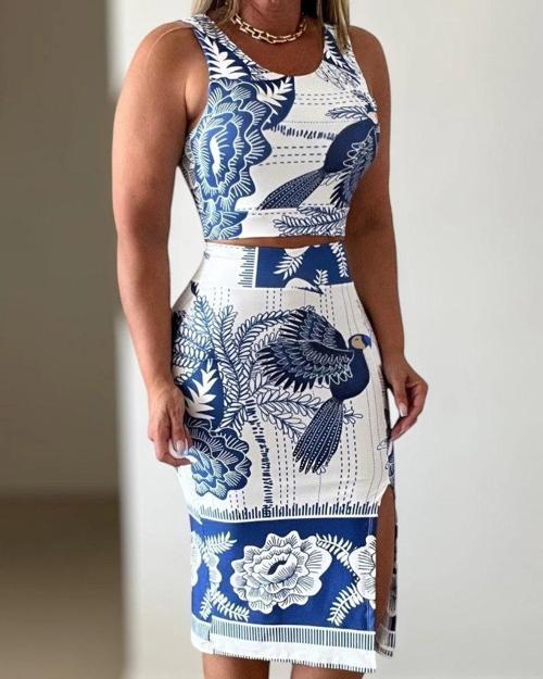 MDB Kadın Sıfır Kollu Yuvarlak Yaka çiçekli Desenli Süprem Crop Ve Yırtmaçlı Etek Ikili Takım