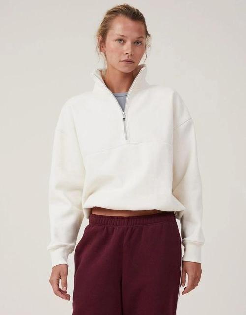 MDB Oversize Yarım Farmuarlı Yakalı Basic weathirt  Beyaz