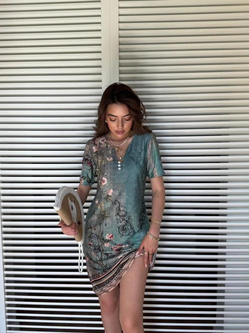 MDB Kadın Kısa Kollu V Yakalı çiçek Baskılı Midi Süprem Elbise