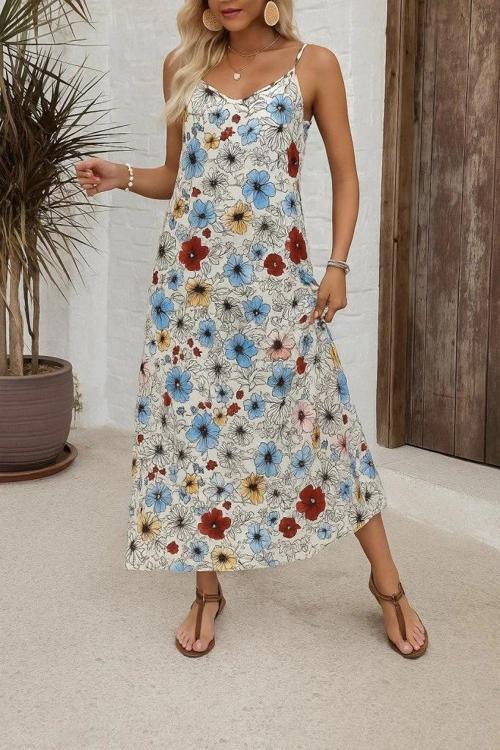 MDB Kadın Ip Askılı Geniş V Yakalı Desenli Süprem Elbise