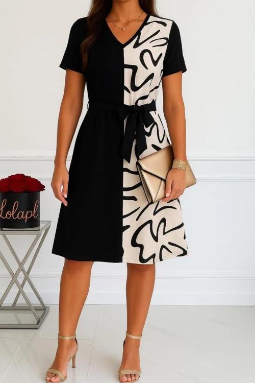 MDB Kadın Kısa Kollu V Yakalı çift Renkli Desenli Beli Kuşaklı Atlas Elbise
