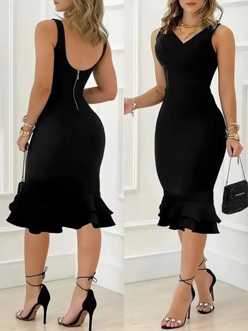 MDB Kadın Askılı V Yaka Arkadan Fermuarlı Dalgıç Elbise