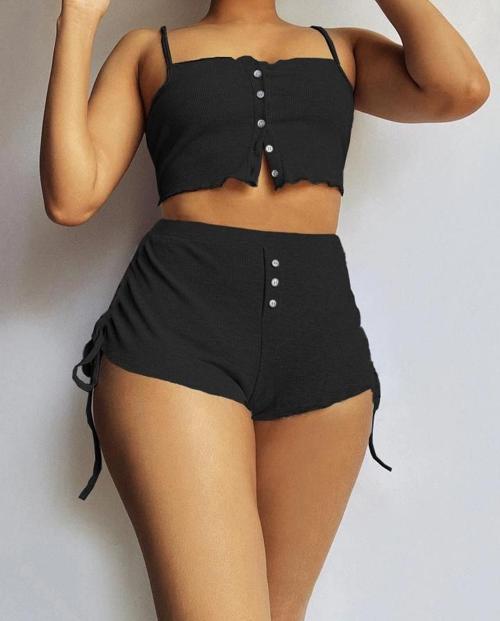 MDB Kadın Ip Askılı Crop Bluz Ve Yanlardan Büzgülü Ikili Kaşkorse Short Takım