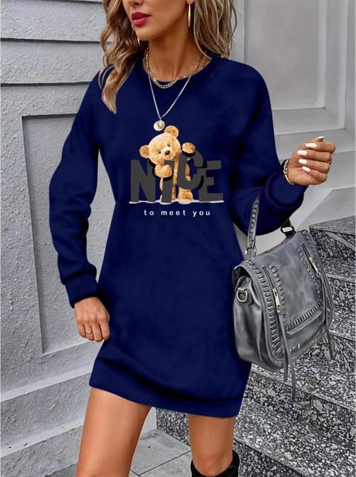 MDB Kadın Uzun Kollu Bisiklet Yaka Ayı Desenli Viskon Iki Iplik Elbise