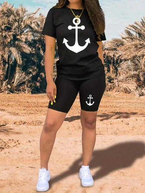 MDB Kadın Kısa Kollu çapa Baskılı Viskon Ikili Takım