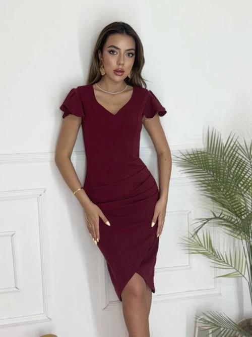 MDB QKadın Kısa Kollu Kalp Yaka Yanlardan Büzgü Detay Midi Janjan Krep Elbise