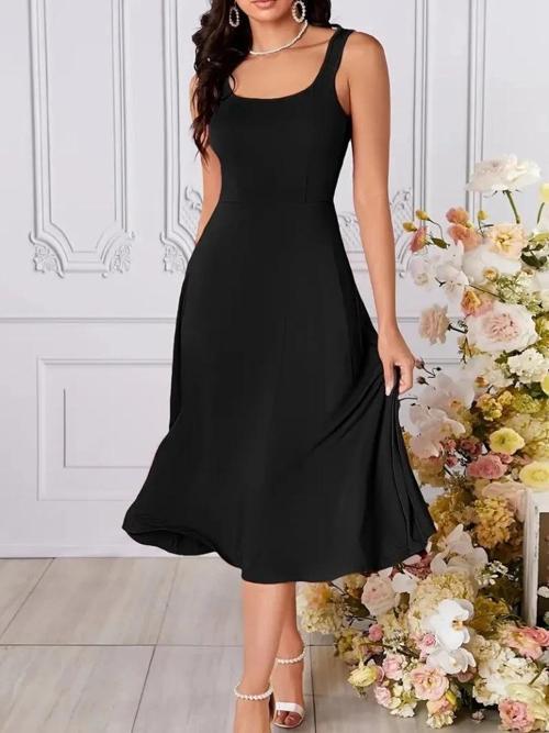 MDB Kadın Askılı Geometrik Yakalı Geniş Kesim Detaylı Ithal Krep Elbise