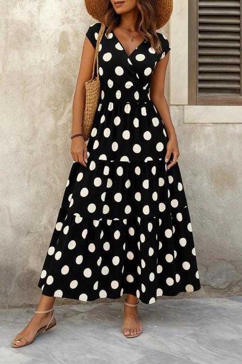 MDB Kadın Kısa Kollu Kruvaze Yaka Beli Lastikli Süprem Maksi Boy Elbise