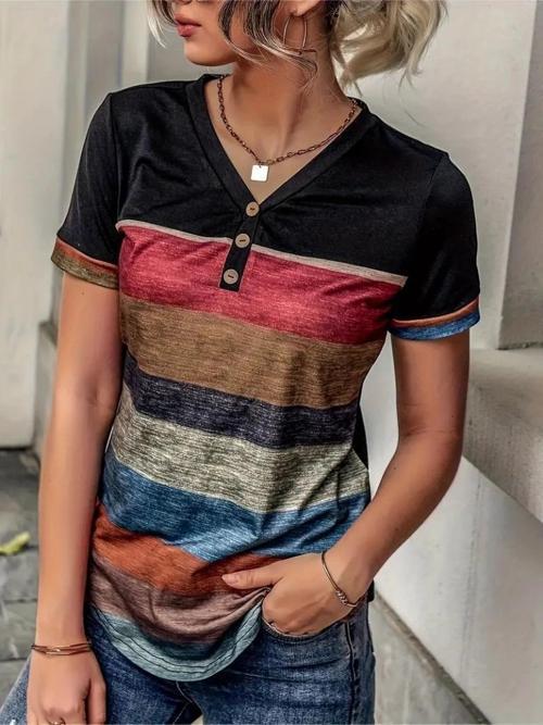 MDB Kadın Kısa Kollu V Yakalı Düğmeli çok Renkli Süprem Bluz