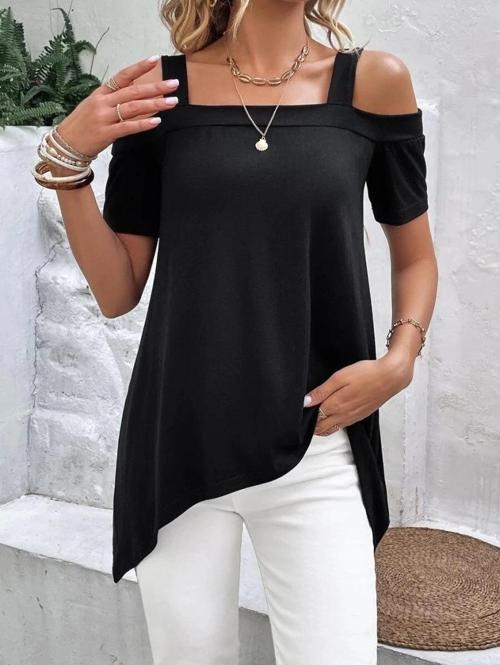 MDB Kadın Kısa Kollu Omuzlardan Açık Askılı Asimetrik Kesim Viskon Bluz