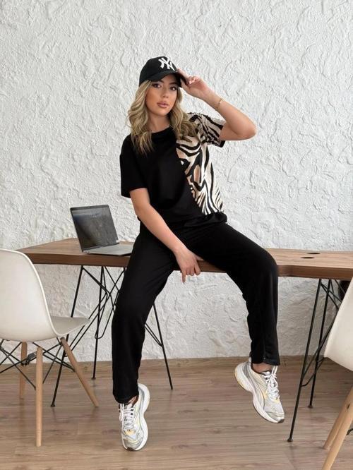 MDB Kadın Bisiklet Yaka Kısa Kol Leopar Desen Bluz Ve Pantolon Ikili Takım