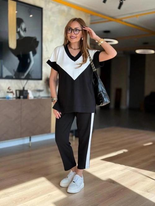 MDB Kadın Kısa Kollu V Yaka Siyah Beyaz Renkli Viskon Iki Iplik Kumaş Eşofman Takımı