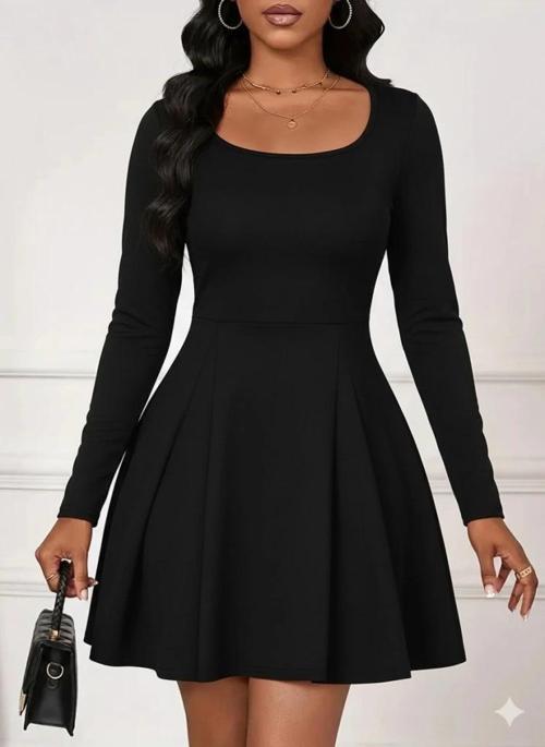 MDB Kadın Uzun Kollu Kare Yakalı Mini Ithal Krep Elbise