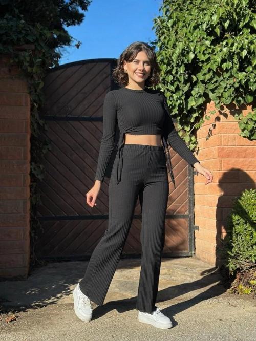 MDB Kadın Yandan Bağlamalı Geniş Paçalı Fitil Kaşkorse İkili Takım