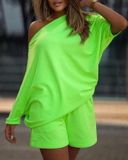 MDB Kadın Kayık Yaka Salaş Iki Iplik Bluz Ve şort Ikili Takım