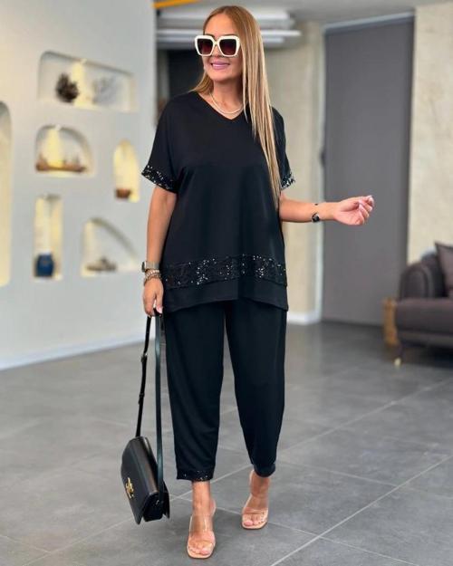 MDB Kadın Kısa Kollu V Yakalı Pul Payetli Viskon Iki Iplik Bluz Ve Pantolon Ikili Takım