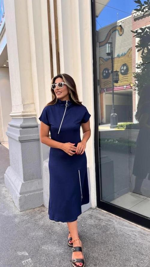 MDB Kadın Kısa Kollu Yakadan Ve Etekten Fermuarlı Midi Viskon Iki Iplik Elbise