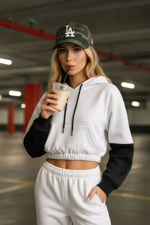 Kadın Kapüşonlu Cepli Siyah-Beyaz Crop Sweatshirt